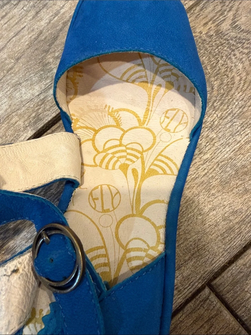 Fly London Yesk Blue Wedge Sandals with Ankle Strap size 37 US 6-6.5